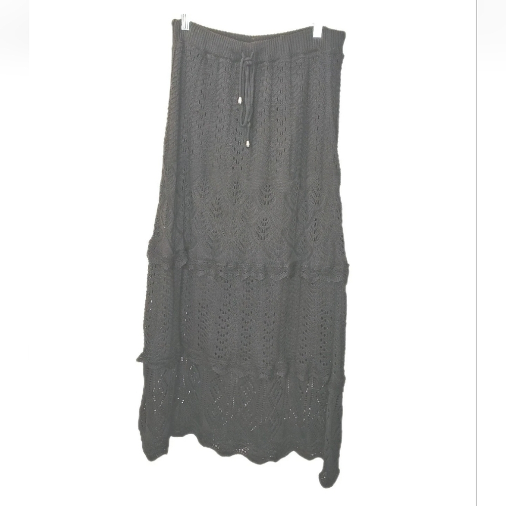 Y2k Solitaire A-line Maxi Skirt Woman XL Black Ruffled Tiered Open Crochet Knit